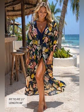 Free Destination Beach Maxi Cover Up Dress S M L Cotton Tassel Resort Boho Print